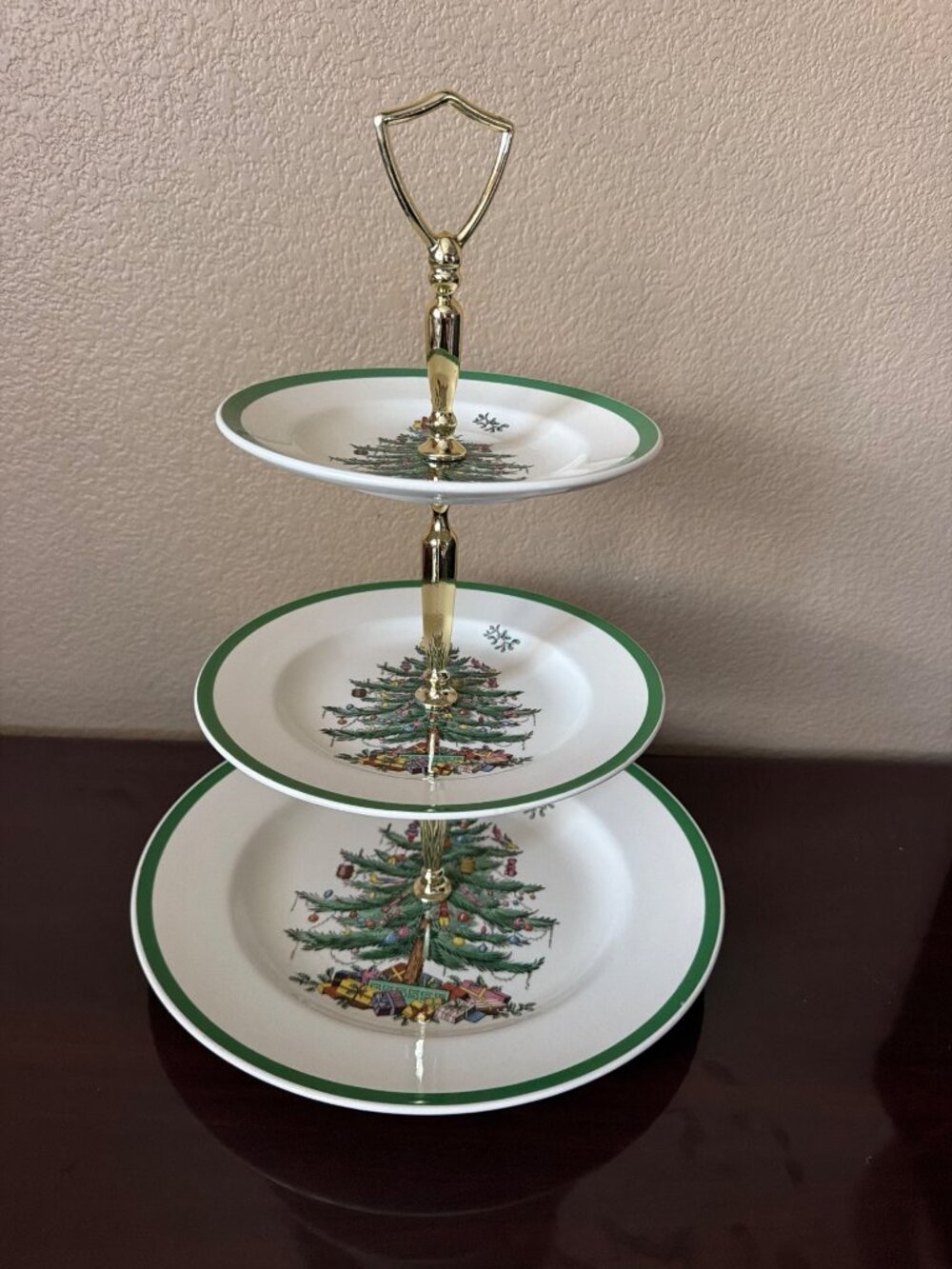 Vintage Spode Christmas Tree 3-Tier Serving Tray Dessert Stand England